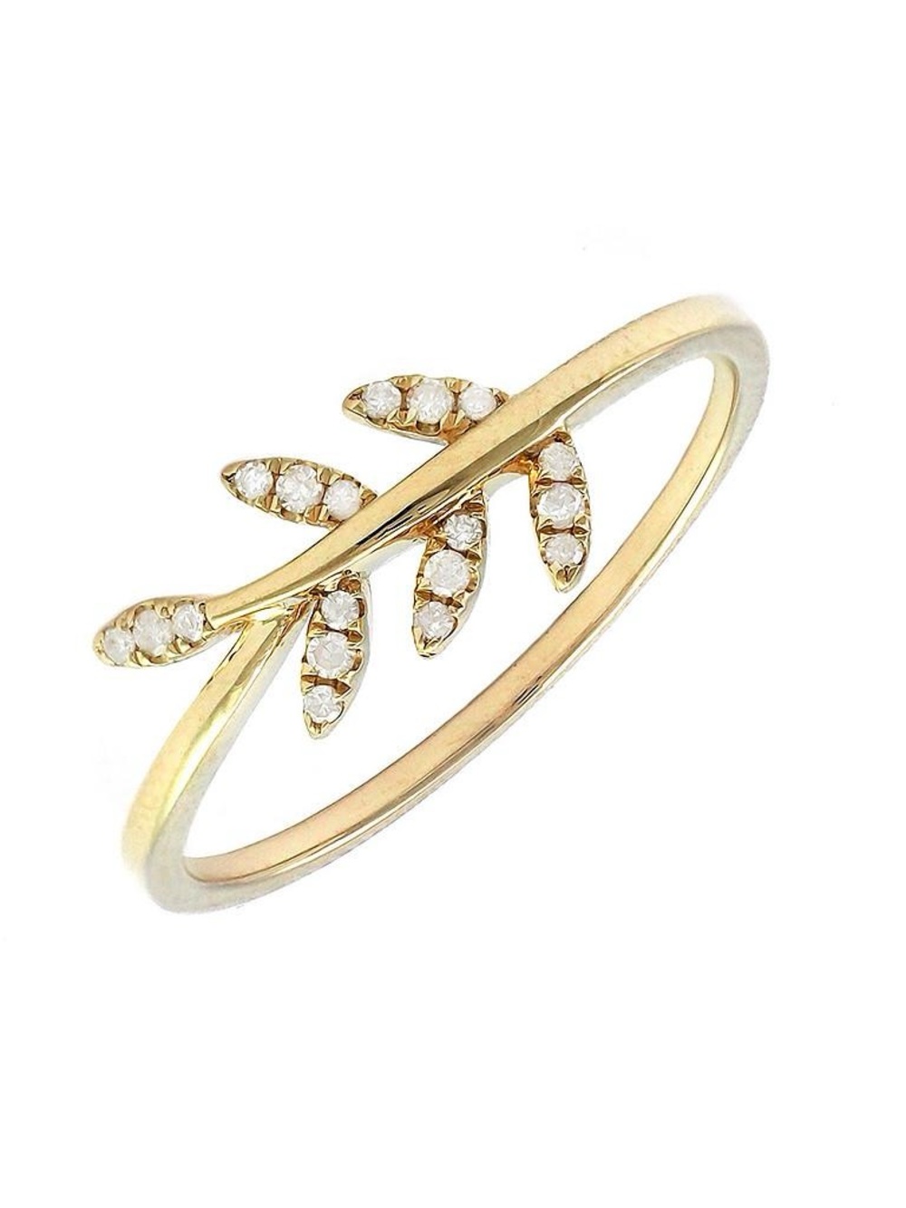 14K Real Yellow Gold Leaf Single Pave Diamond Ring Size 6.5
